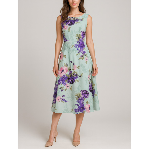 Evan Picone Black Label Dress 18 Blue Sheer Fit Flare Teal Floral Maxi Wedding - Picture 1 of 8